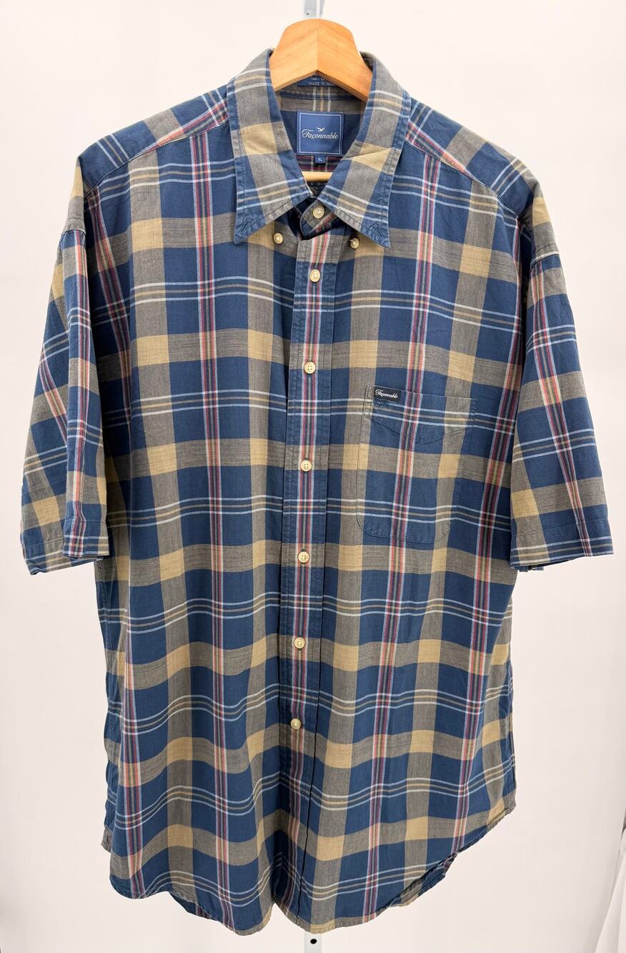 Façonnable Men’s XL Plaid Short Sleeve Button Down Shirt Blue Tan 100% Cotton
